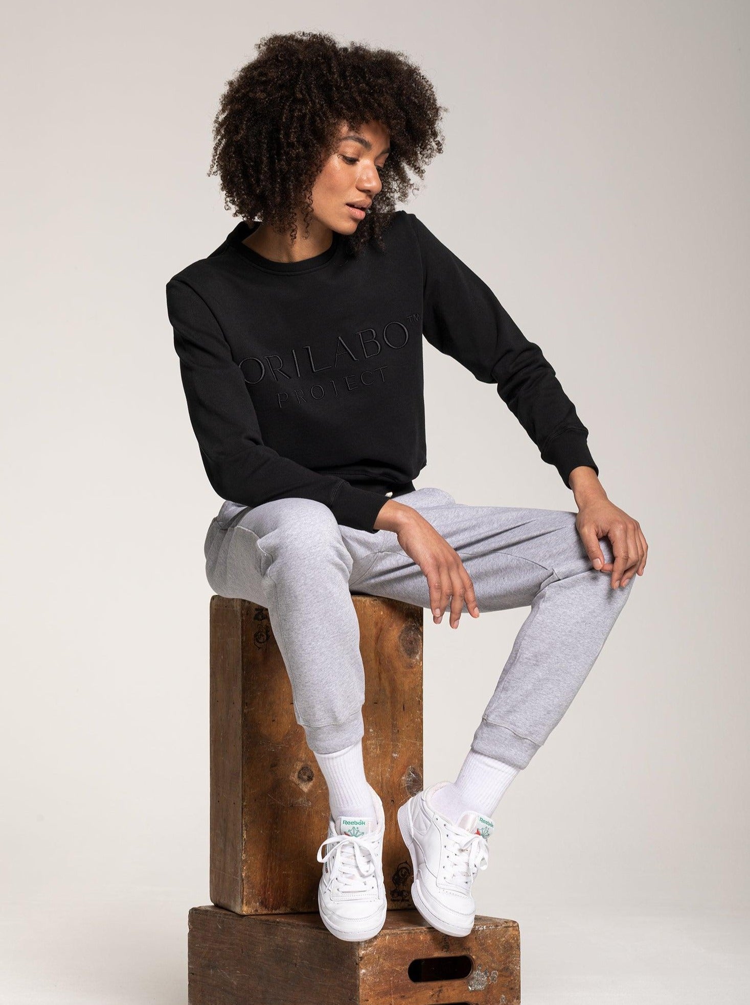 Women's Terry Cropped & Embroided Crewneck - Black - ORILABO Project